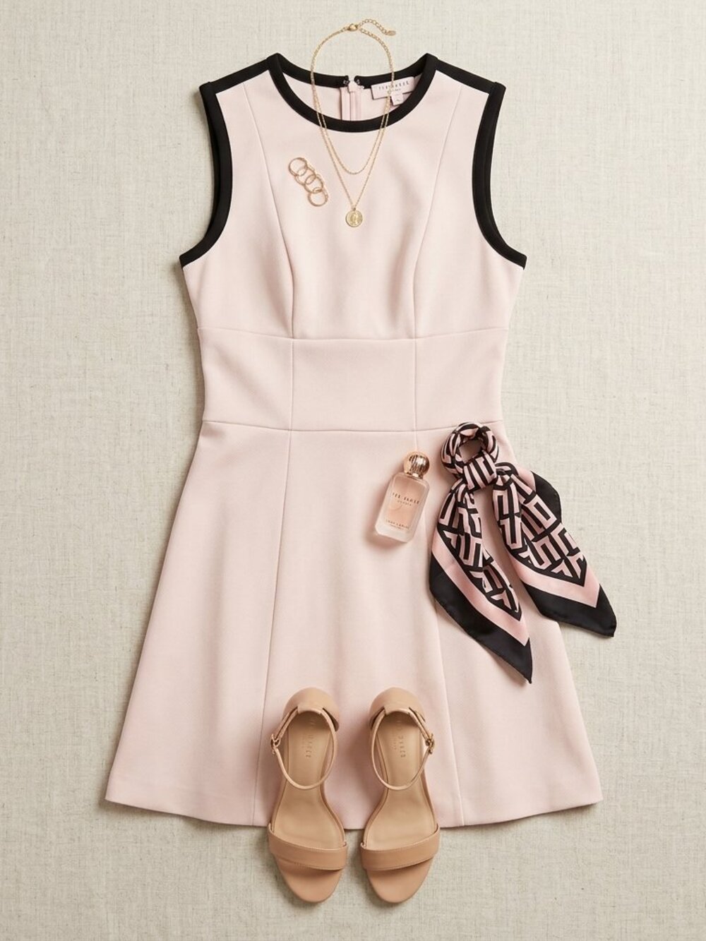 Ted Baker Cream Fit & Flare Dress Black Trim Size 1